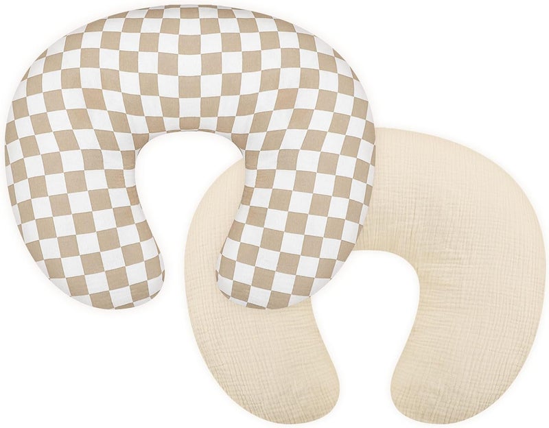 DILIMI Muslin Nursing Pillow Cover 2 Pack, Removable Nursing Cover for Breastfeeding Pillows, Ultra Soft Comfortable Slipcover for Baby Girl and Boy, Beige and Brown Checkered - Image 1